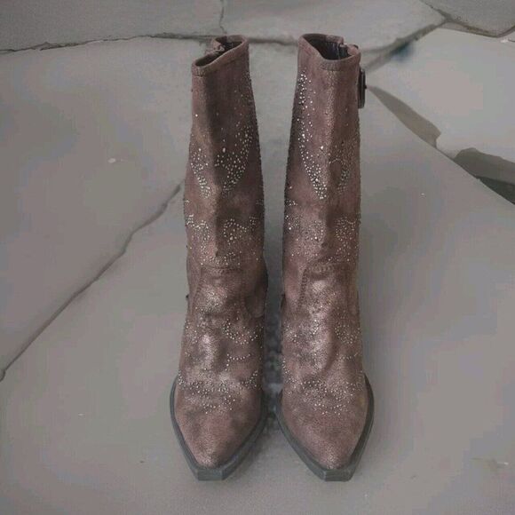 Roper Brown Cowboy Boots  Snip Toe Pull On Faux Leather Bling Women's Size 6 - Picture 2 of 7
